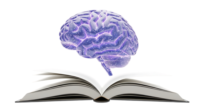 Brain illustration above an open book isolated on transparent background - Powered by Adobe