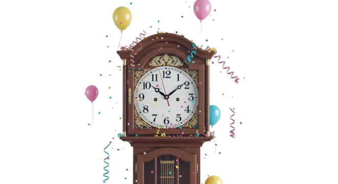 A vintage grandfather clock adorned with festive streamers and balloons, isolated on a transparent background, symbolizing celebration and the passage of time