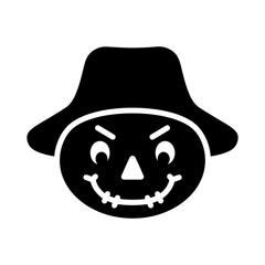 Black Scarecrow Head Vector Icon with Grinning Face and Farmer Hat