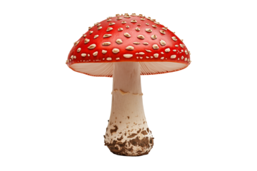 Red Amanita Muscaria Mushroom with White Spots Isolated on Transparent Background. Vibrant Red Fly Agaric Mushroom PNG.