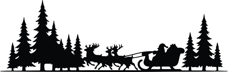 Obraz premium Vector Santa Claus reindeer sleigh with Christmas trees silhouette illustration