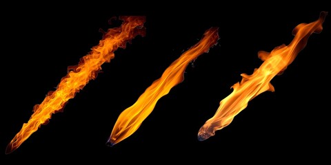  Three streaks of bright orange fire flames isolated on black background, realistic fiery motion with smooth shape and glowing texture for design, heat, energy, or explosion concept 