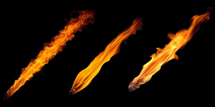  Three streaks of bright orange fire flames isolated on black background, realistic fiery motion with smooth shape and glowing texture for design, heat, energy, or explosion concept 