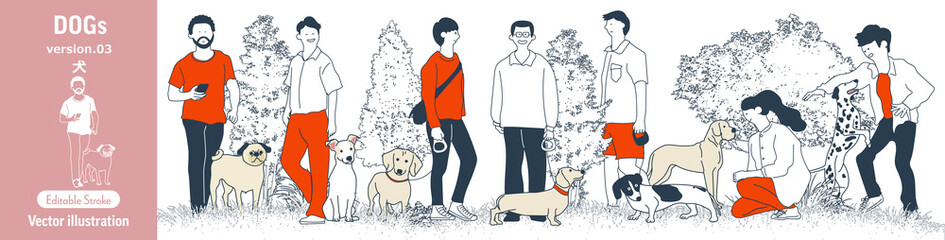 犬との散歩を楽しむ人々 - 多様なペットと飼い主のグループ、公園で集う人々と犬たち - シンプルでおしゃれなラインアート、ペットとレジャー - 屋外でのライフスタイルとふれあい(編集可能/ベクターセット)