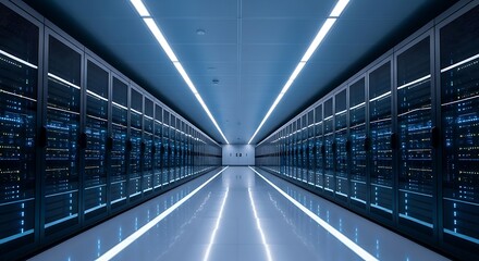 Rows of illuminated server racks in secure high-tech data center.