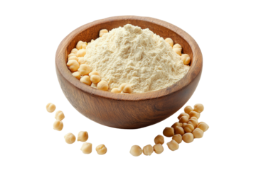 Wooden Bowl with Chickpeas and Chickpea Flour Isolated Transparent PNG. Healthy Chickpeas and Flour in Bowl Isolated.