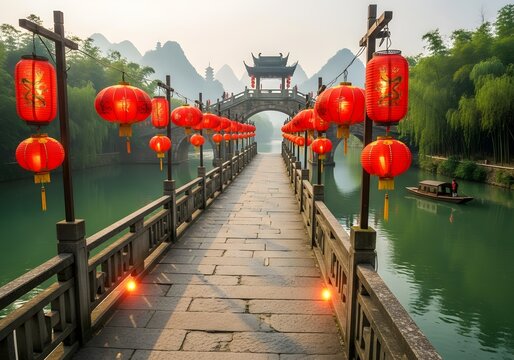 A charming traditional Chinese bridge, adorned with vibrant red lanterns, spans a serene river amidst a misty landscape with lush bamboo and distant mountains