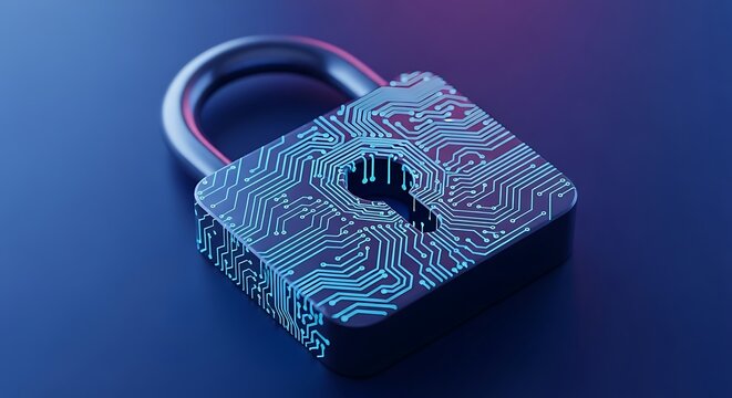 3D padlock symbolizing cybersecurity and data protection in digital environment. - Powered by Adobe