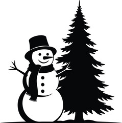 Vector Snowman with top hat and christmas tree silhouette illustration