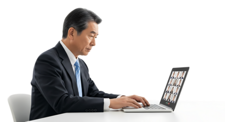 Senior businessman using laptop for video conference isolated on transparent background