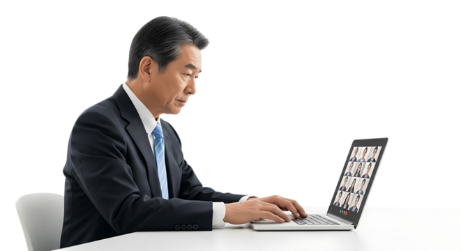 Senior businessman using laptop for video conference isolated on transparent background