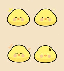 Cute yellow chick blob with various facial expressions, kawaii cartoon character set on beige background