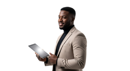 Smiling african american businessman holding tablet isolated on transparent background