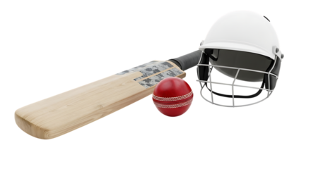Cricket equipment including bat, ball, and helmet isolated on transparent background