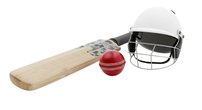Cricket equipment including bat, ball, and helmet isolated on transparent background - Powered by Adobe