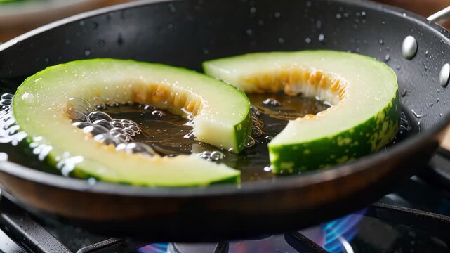 Macro Close Up Winter Melon Slices Simmering In Pan On Gas Stove