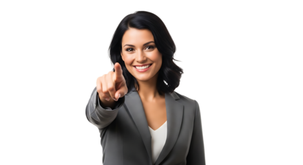 Smiling businesswoman pointing finger isolated on transparent background in studio shot
