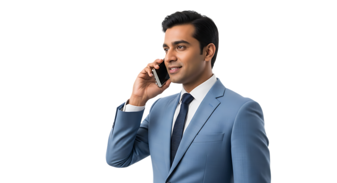 Smiling businessman isolated on transparent background talking on his smartphone