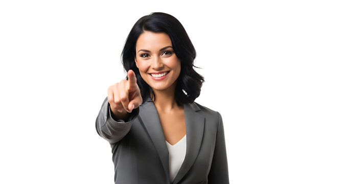 Smiling businesswoman pointing finger isolated on transparent background in studio shot