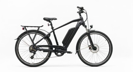 Fototapeta premium Black electric bicycle with rack, side view, isolated on white background