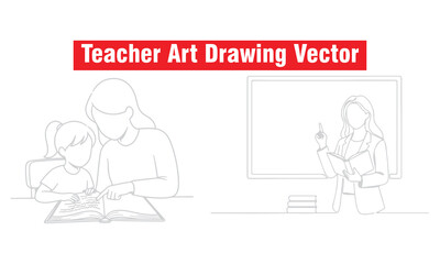 Teacher Art Drawing Vector – Minimal Line Art Illustrations of Teaching, Learning, and Classroom Education