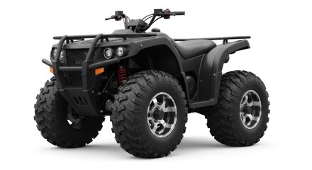 Fototapeta premium Black ATV/quad bike isolated on white, knobby tires and front rack visible