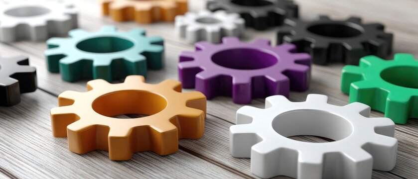 Colorful gear shapes arranged on a wooden surface in a creative workspace, showcasing the variety and potential for engineering projects