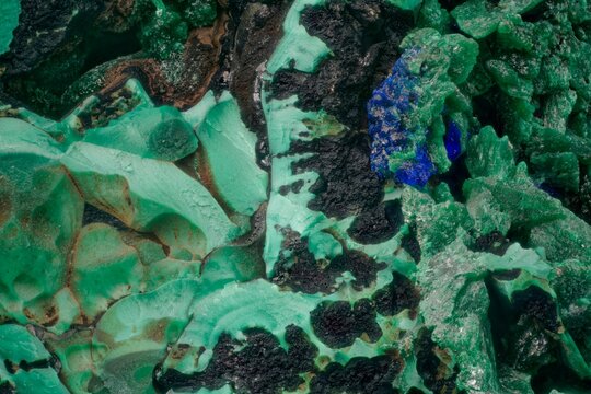 Macro azurite, malachite and limonite from Kamenushinskoe deposit, Russia. Ideal for collections, geology and scientific research. High magnification microphotograph- scale 4X