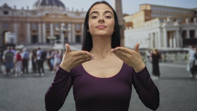 Woman in purple shirt calmly breathing in vatican city's st. peter's square with historic architecture and diverse crowd in the background.