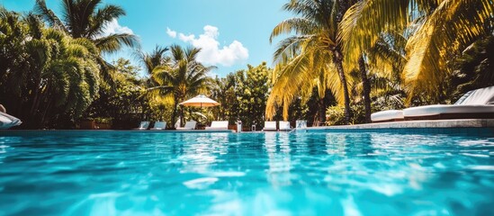 Obraz premium Luxurious Poolside Paradise: Tropical Oasis with Palm Trees and Azure Water