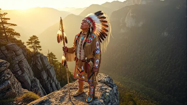 native american man in traditional feathered headdress and regalia stands on mountain at sunrise. majestic symbol of culture, heritage, and spirituality.
