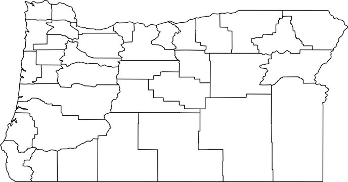 Vector political map of Oregon state outline with all internal county borders and administrative divisions, presented as a blank template map of the Pacific Northwest US state.