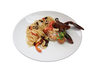 A delectable dish of pasta with shrimp and lobster elegantly arranged on a plate. The plate presents a culinary experience with vibrant colors and appetizing ingredients.