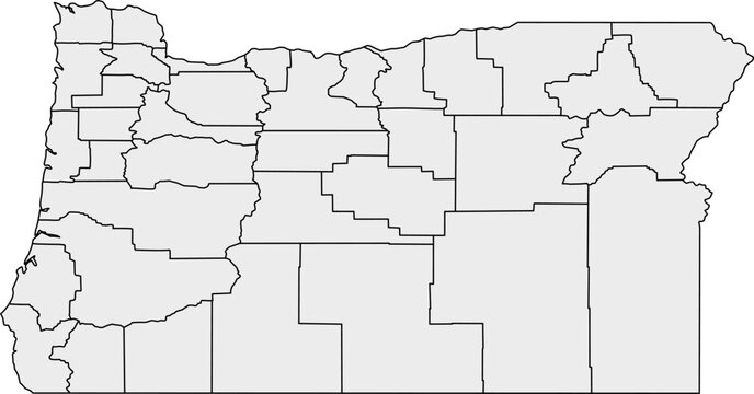 Vector political map of Oregon state outline with all internal county borders, filled with a solid grey color, presented as a map of the Pacific Northwest US state.