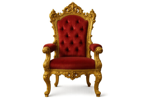 Ornate golden throne chair with red velvet upholstery, symbolizing royalty, power, and prestige, transparent background