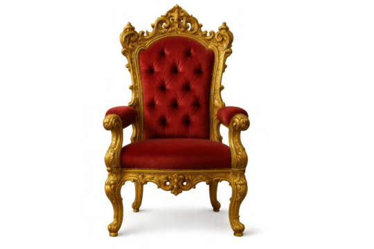 Ornate golden throne chair with red velvet upholstery, symbolizing royalty, power, and prestige, transparent background