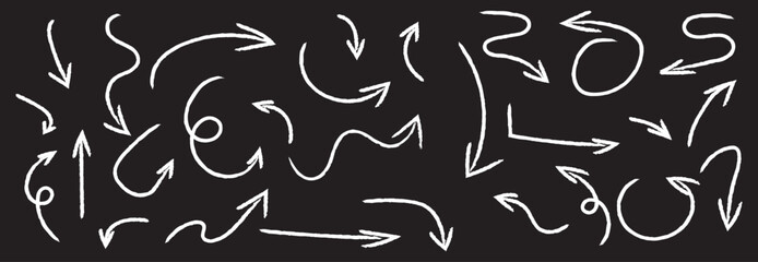 Red arrows crayon doodle chalk icons set. Hand drawn freehand different curved lines, swirls arrows. Direction pointers. Grunge scribble chalk marker drawing, black chalk smears. Vector illustration