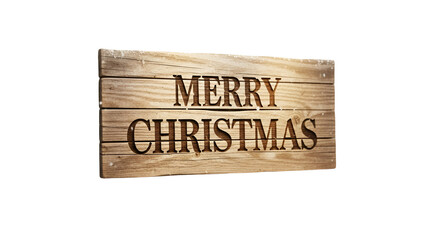 Rustic wooden sign with the words merry christmas carved into it, isolated on a transparent background, conveying holiday cheer and festive greetings