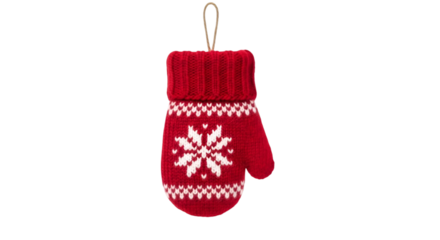 A single red knitted christmas mitten ornament with a white snowflake pattern and ribbed cuff, isolated on transparent background