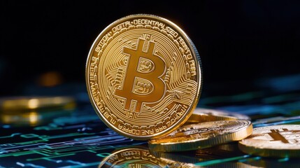 Golden Bitcoin Coin on Digital Circuit Background in Close-Up View