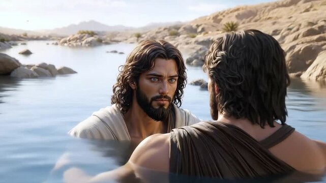 Jesus was baptized by John the Baptist in Jordan river. The Baptism of Jesus religious concept.