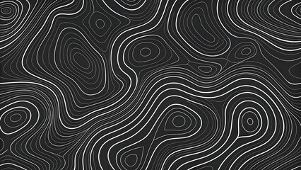Abstract black and white topographic map background, seamless contour lines forming elevation shapes, minimalist geographic pattern and texture, smooth fluid lines, simple vector art,
