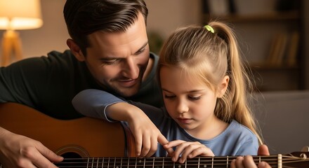 Father and daughter bonding over guitar lessons at home.