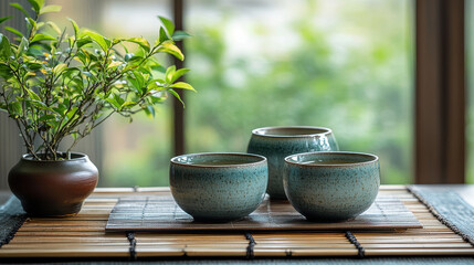 Ceramic tea cups on bamboo mat with potted plant create serene and calming atmosphere by window. natural light enhances peaceful setting