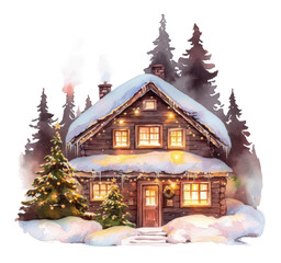 Fototapeta premium PNG A cozy Christmas wooden house in the forest christmas trees illustration.