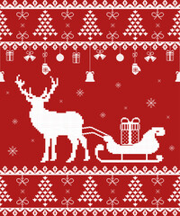 Christmas seamless pattern with holiday elements such as Christmas tree, reindeer, sleigh, ornaments, and festive decorations. Perfect for winter holidays, seasonal backgrounds, textiles, and greeting