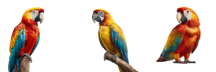 Naklejka premium Three colorful macaws with vibrant plumage perched and standing isolated on a transparent background