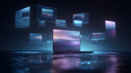 Sleek portable computer sits on a wet reflective surface surrounded by glowing holographic screens