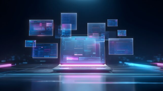 Digital interface windows emanate from a modern portable computer in a dark setting