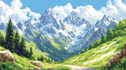 Obraz premium Majestic Snow-Capped Mountains Under a Vibrant Blue Sky with Fluffy Clouds